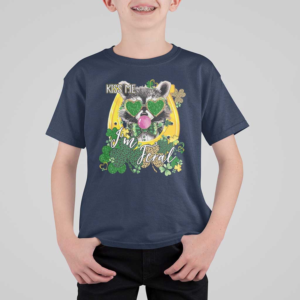 Funny St Patrick's Day Racoon T Shirt For Kid Kiss Me I'm Feral Horseshoe Shamrock
