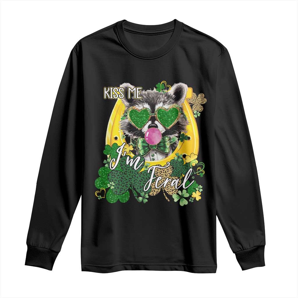 Funny St Patrick's Day Racoon Long Sleeve Shirt Kiss Me I'm Feral Horseshoe Shamrock