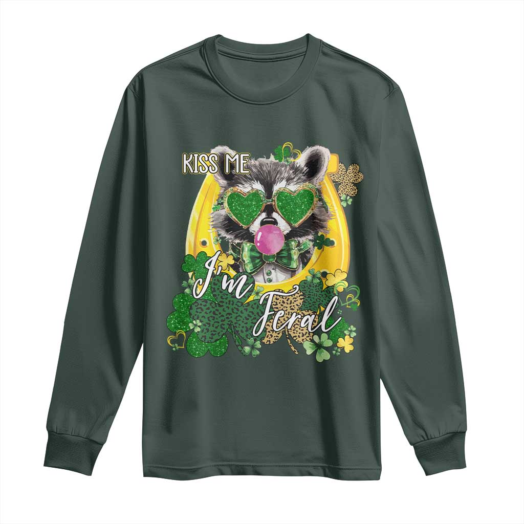 Funny St Patrick's Day Racoon Long Sleeve Shirt Kiss Me I'm Feral Horseshoe Shamrock