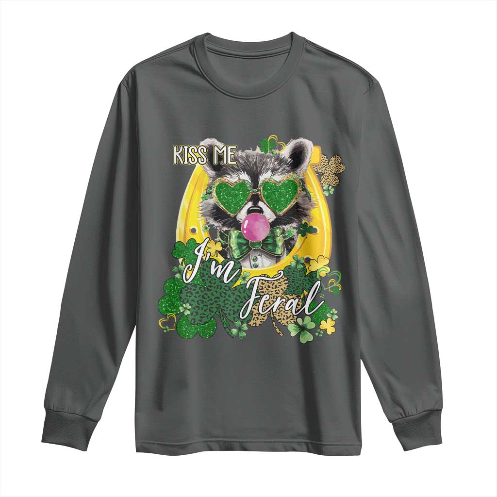 Funny St Patrick's Day Racoon Long Sleeve Shirt Kiss Me I'm Feral Horseshoe Shamrock