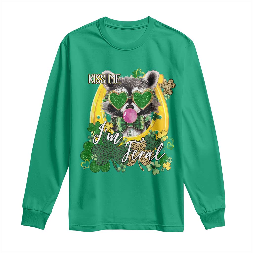 Funny St Patrick's Day Racoon Long Sleeve Shirt Kiss Me I'm Feral Horseshoe Shamrock