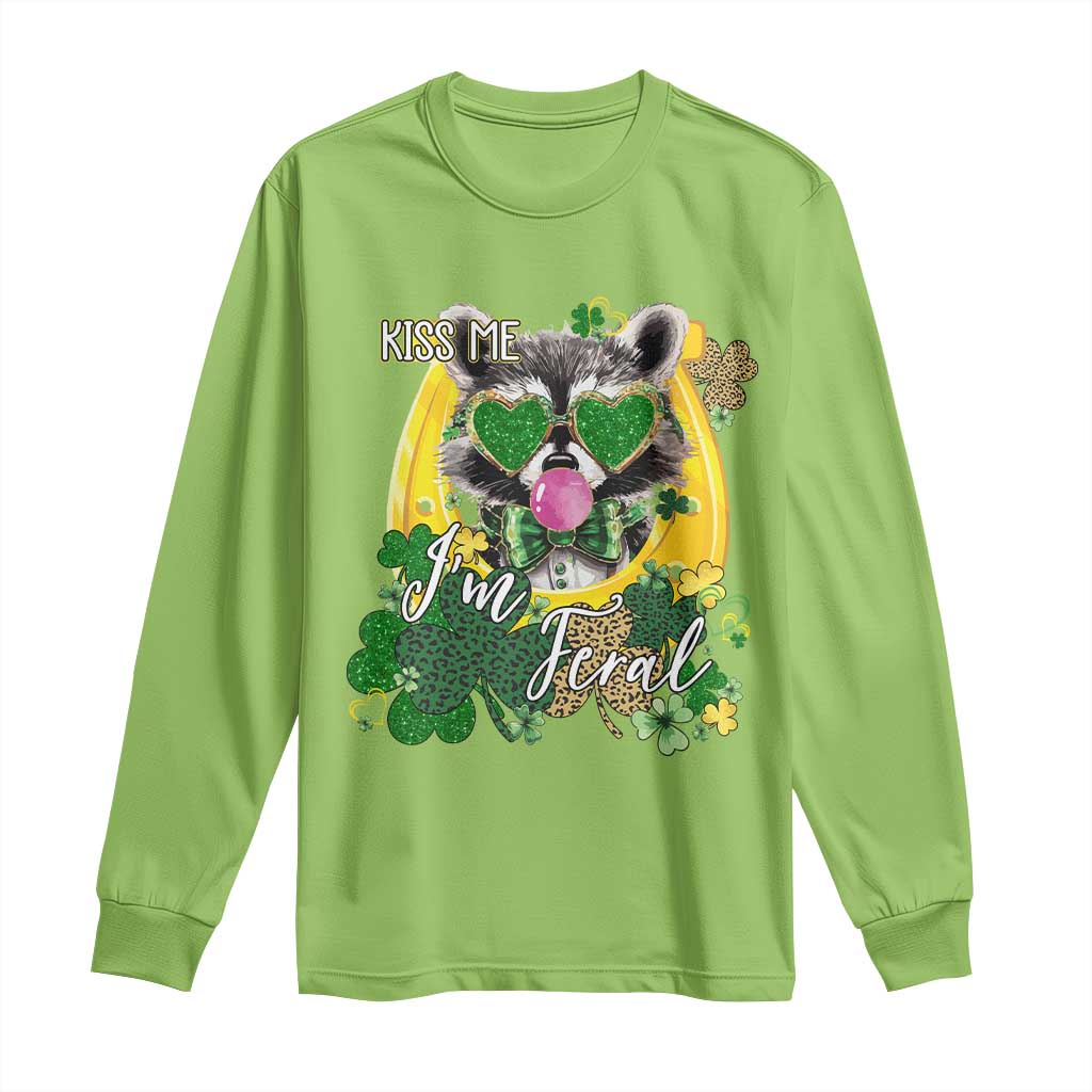 Funny St Patrick's Day Racoon Long Sleeve Shirt Kiss Me I'm Feral Horseshoe Shamrock