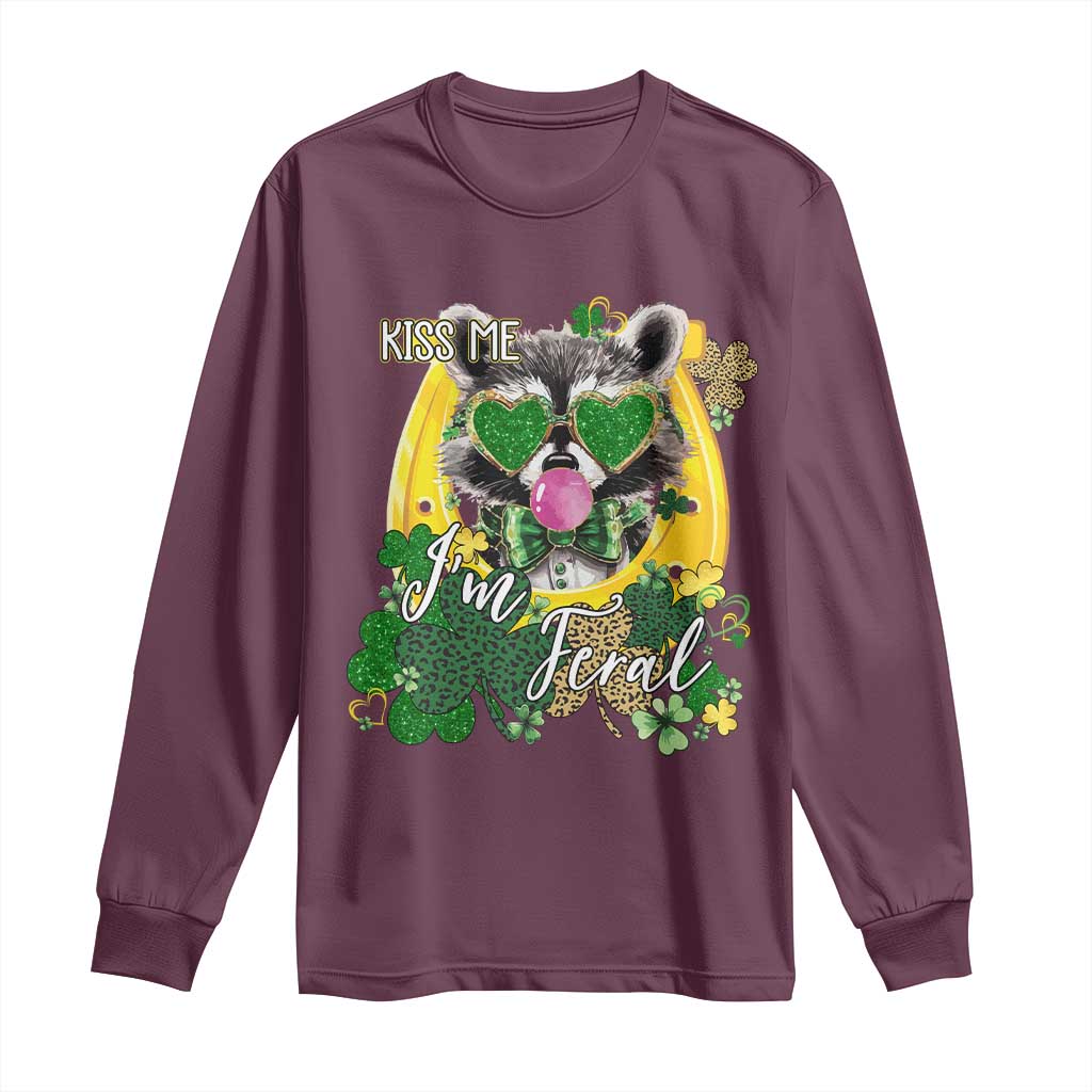 Funny St Patrick's Day Racoon Long Sleeve Shirt Kiss Me I'm Feral Horseshoe Shamrock