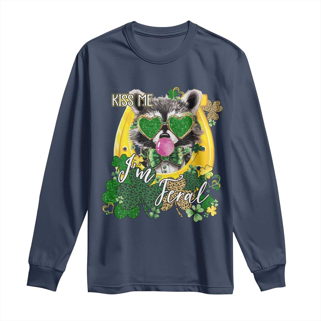 Funny St Patrick's Day Racoon Long Sleeve Shirt Kiss Me I'm Feral Horseshoe Shamrock