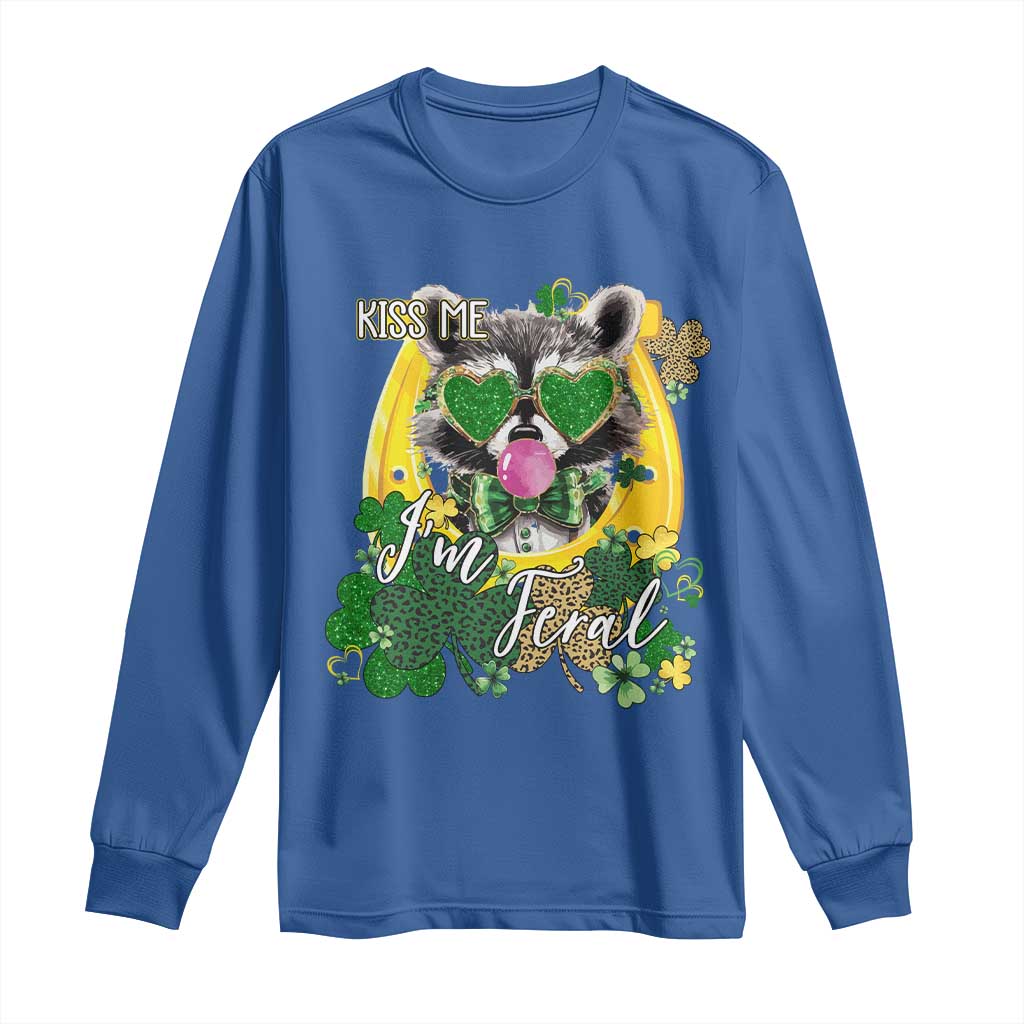 Funny St Patrick's Day Racoon Long Sleeve Shirt Kiss Me I'm Feral Horseshoe Shamrock