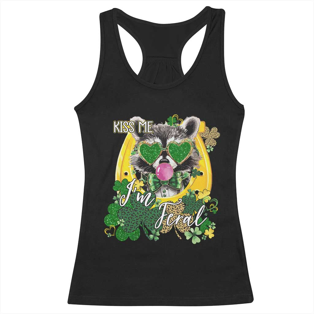 Funny St Patrick's Day Racoon Racerback Tank Top Kiss Me I'm Feral Horseshoe Shamrock