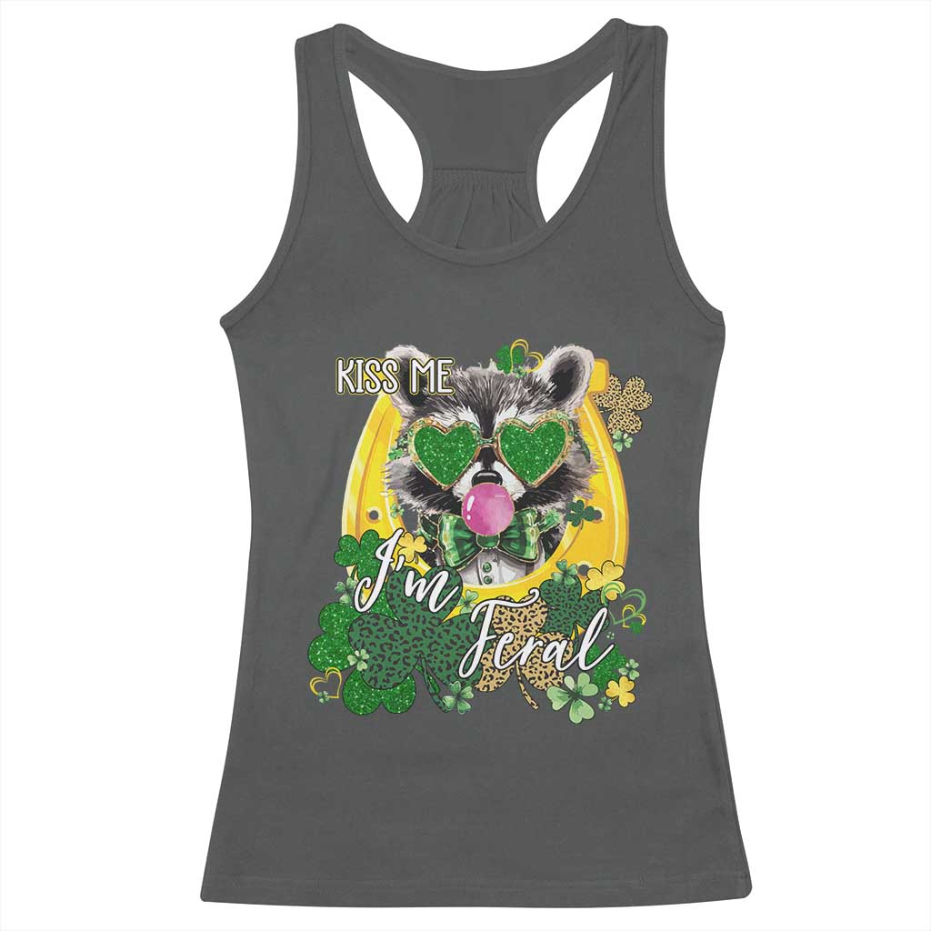 Funny St Patrick's Day Racoon Racerback Tank Top Kiss Me I'm Feral Horseshoe Shamrock
