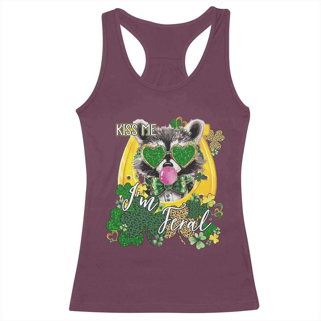 Funny St Patrick's Day Racoon Racerback Tank Top Kiss Me I'm Feral Horseshoe Shamrock