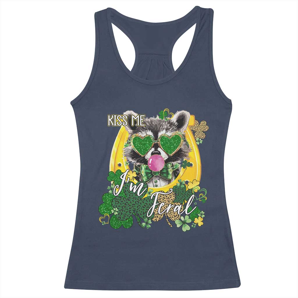 Funny St Patrick's Day Racoon Racerback Tank Top Kiss Me I'm Feral Horseshoe Shamrock
