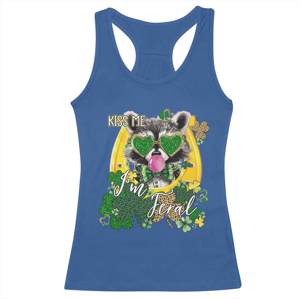 Funny St Patrick's Day Racoon Racerback Tank Top Kiss Me I'm Feral Horseshoe Shamrock