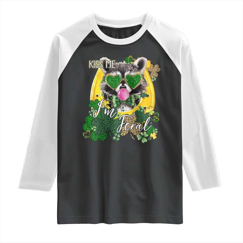 Funny St Patrick's Day Racoon Raglan Shirt Kiss Me I'm Feral Horseshoe Shamrock