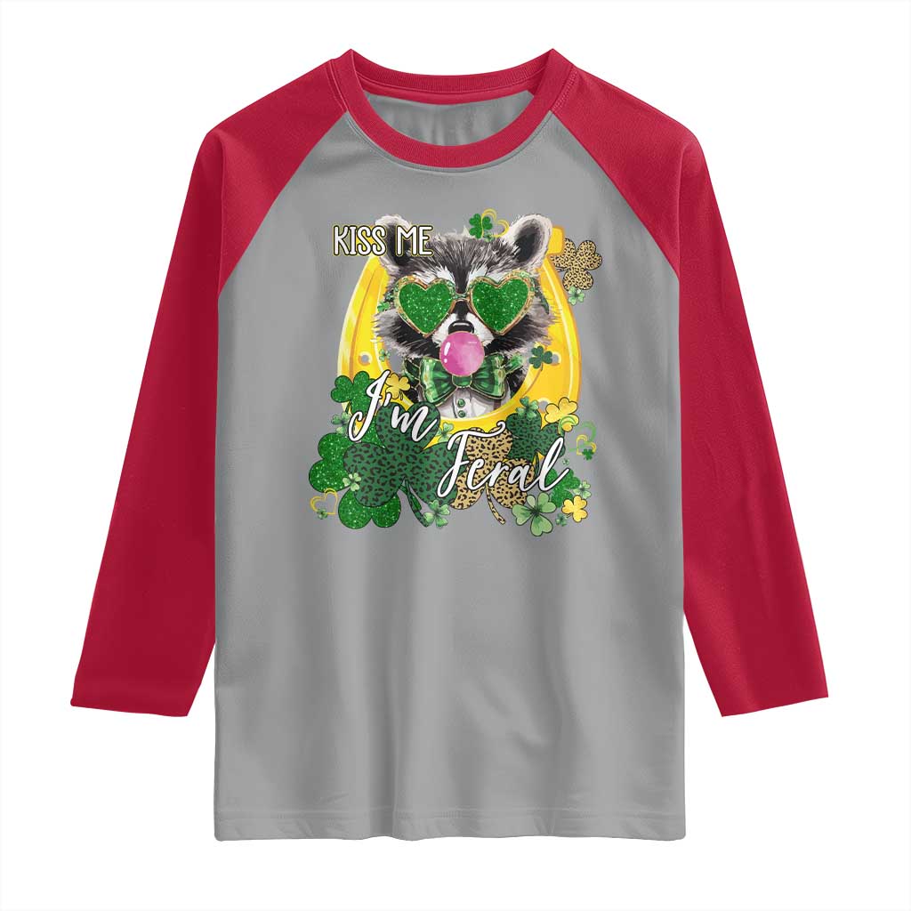 Funny St Patrick's Day Racoon Raglan Shirt Kiss Me I'm Feral Horseshoe Shamrock