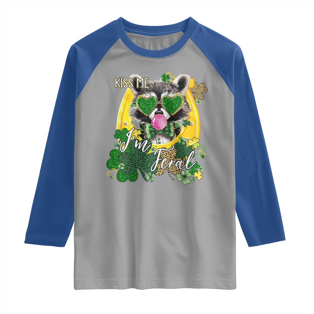 Funny St Patrick's Day Racoon Raglan Shirt Kiss Me I'm Feral Horseshoe Shamrock