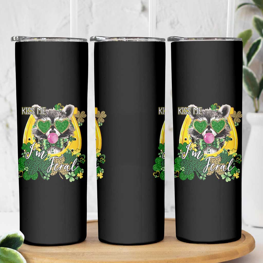 Funny St Patrick's Day Racoon Skinny Tumbler Kiss Me I'm Feral Horseshoe Shamrock