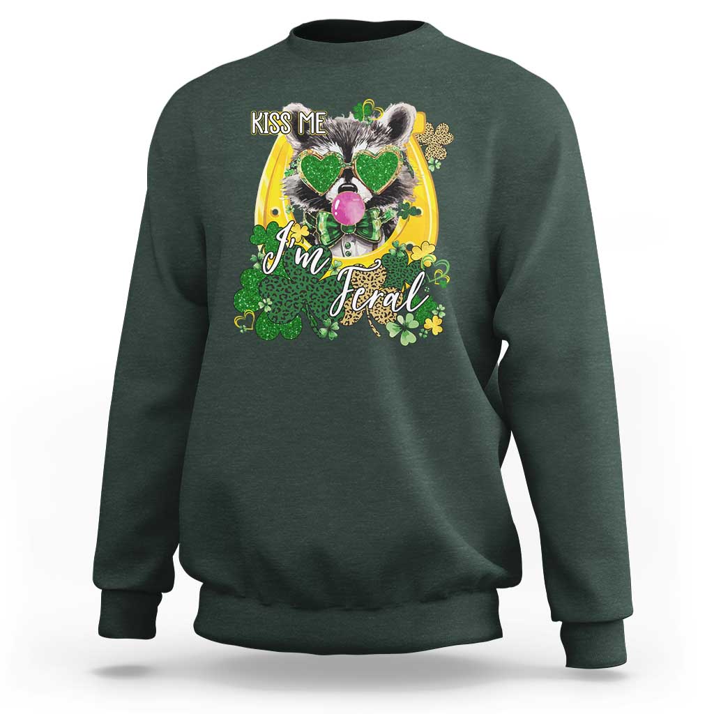 Funny St Patrick's Day Racoon Sweatshirt Kiss Me I'm Feral Horseshoe Shamrock