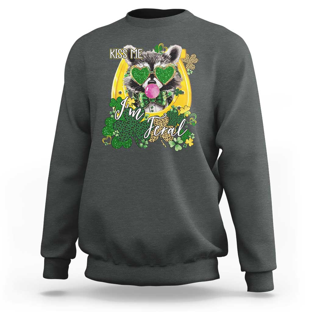 Funny St Patrick's Day Racoon Sweatshirt Kiss Me I'm Feral Horseshoe Shamrock