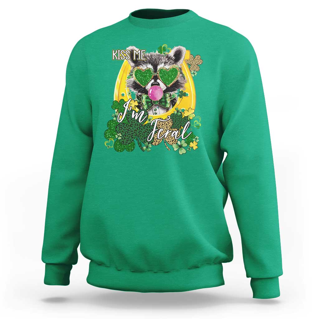Funny St Patrick's Day Racoon Sweatshirt Kiss Me I'm Feral Horseshoe Shamrock