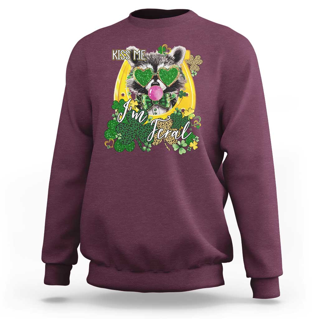 Funny St Patrick's Day Racoon Sweatshirt Kiss Me I'm Feral Horseshoe Shamrock
