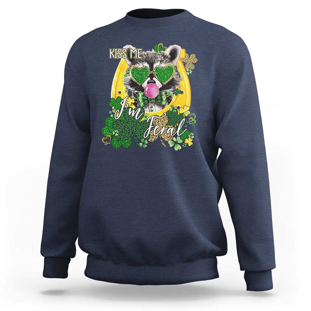 Funny St Patrick's Day Racoon Sweatshirt Kiss Me I'm Feral Horseshoe Shamrock