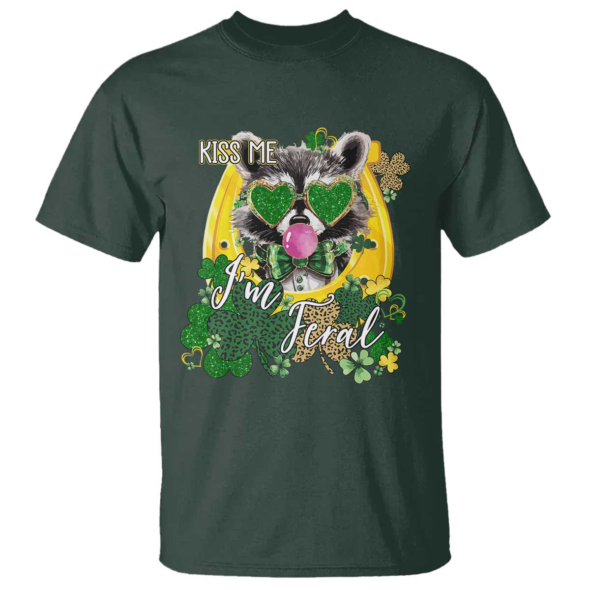 Funny St Patrick's Day Racoon T Shirt Kiss Me I'm Feral Horseshoe Shamrock