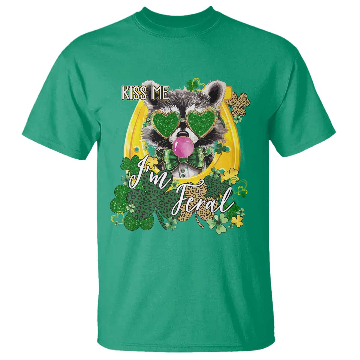Funny St Patrick's Day Racoon T Shirt Kiss Me I'm Feral Horseshoe Shamrock
