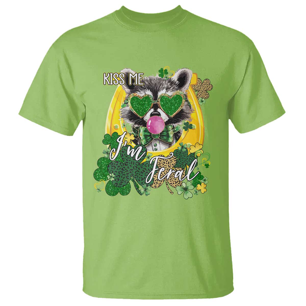 Funny St Patrick's Day Racoon T Shirt Kiss Me I'm Feral Horseshoe Shamrock