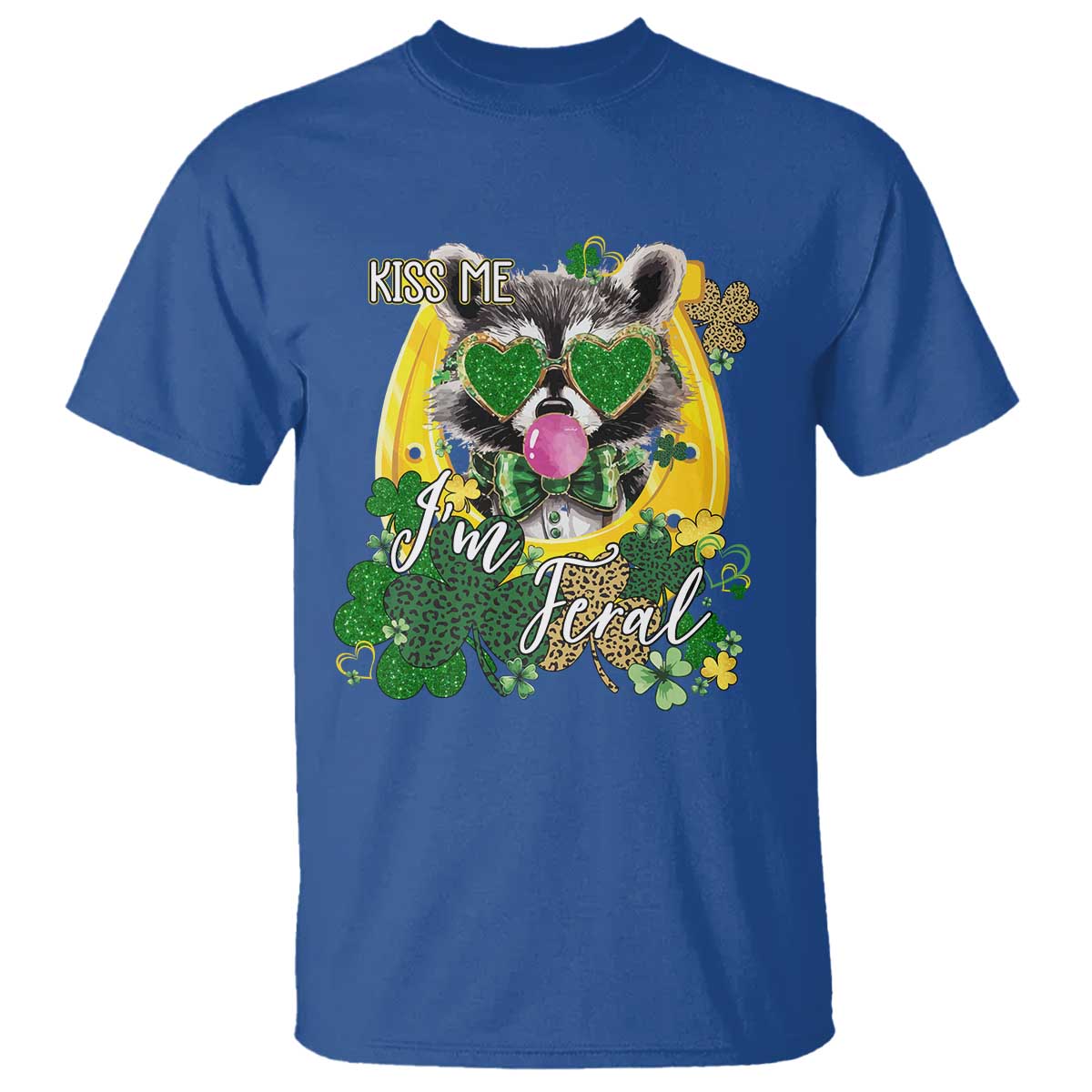 Funny St Patrick's Day Racoon T Shirt Kiss Me I'm Feral Horseshoe Shamrock