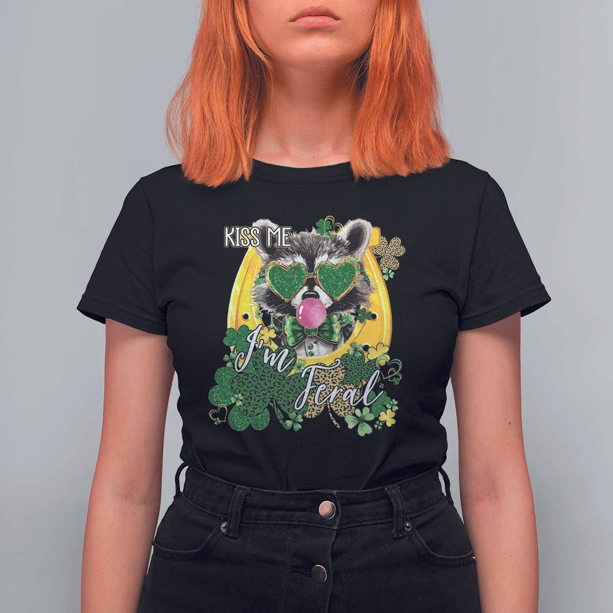 Funny St Patrick's Day Racoon T Shirt For Women Kiss Me I'm Feral Horseshoe Shamrock