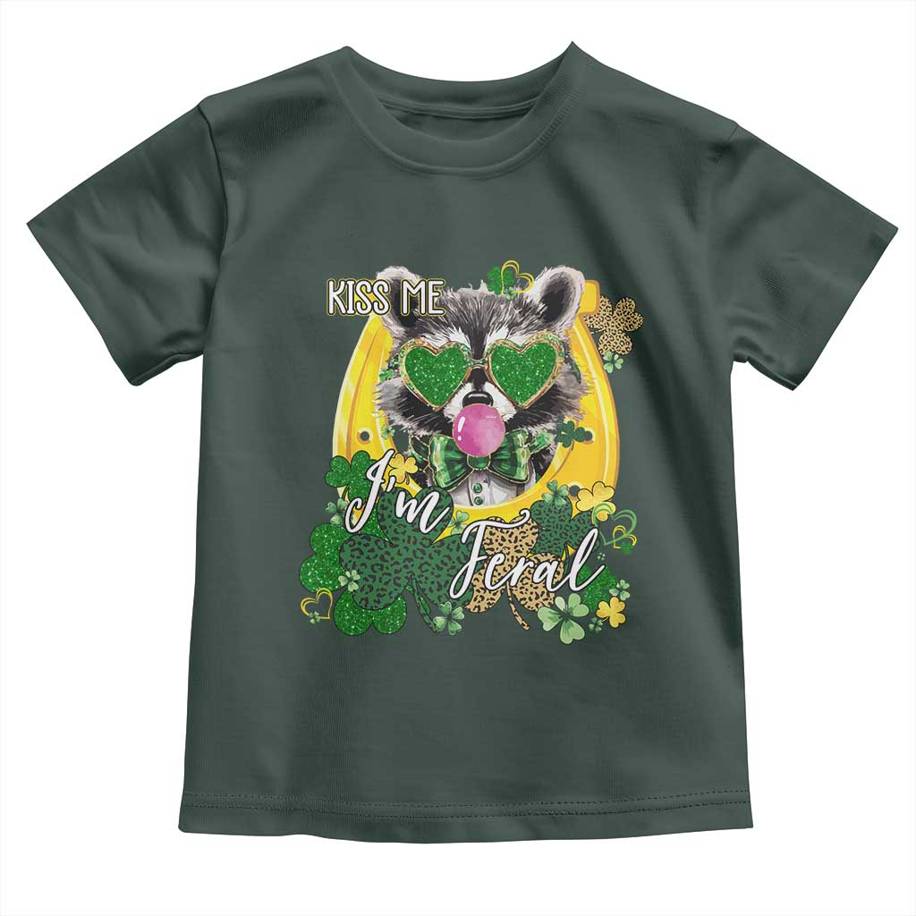 Funny St Patrick's Day Racoon Toddler T Shirt Kiss Me I'm Feral Horseshoe Shamrock