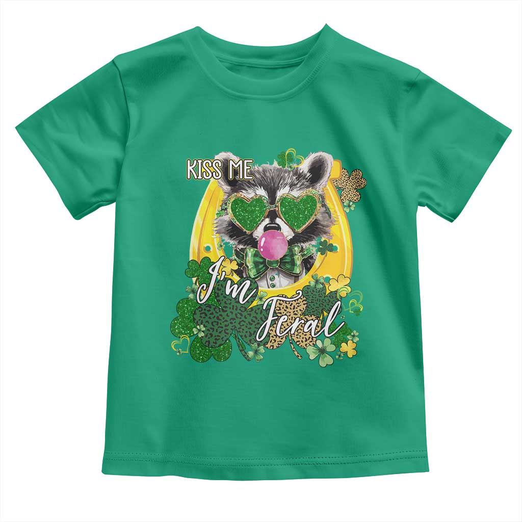 Funny St Patrick's Day Racoon Toddler T Shirt Kiss Me I'm Feral Horseshoe Shamrock