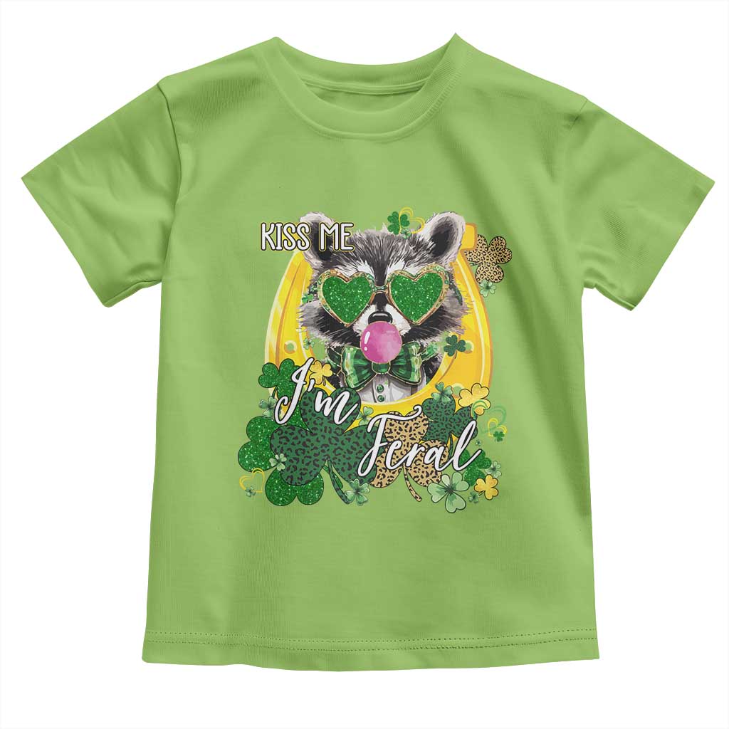 Funny St Patrick's Day Racoon Toddler T Shirt Kiss Me I'm Feral Horseshoe Shamrock