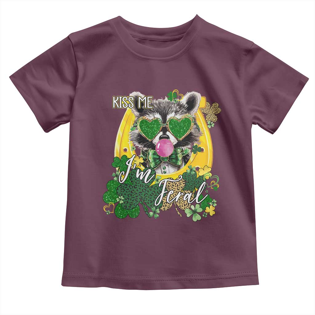 Funny St Patrick's Day Racoon Toddler T Shirt Kiss Me I'm Feral Horseshoe Shamrock