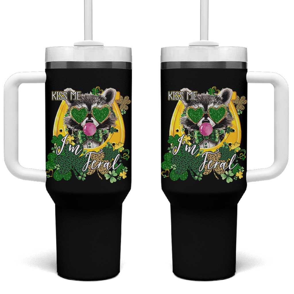 Funny St Patrick's Day Racoon Tumbler With Handle Kiss Me I'm Feral Horseshoe Shamrock