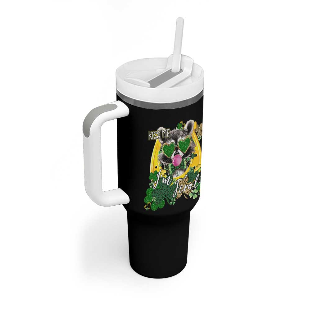 Funny St Patrick's Day Racoon Tumbler With Handle Kiss Me I'm Feral Horseshoe Shamrock