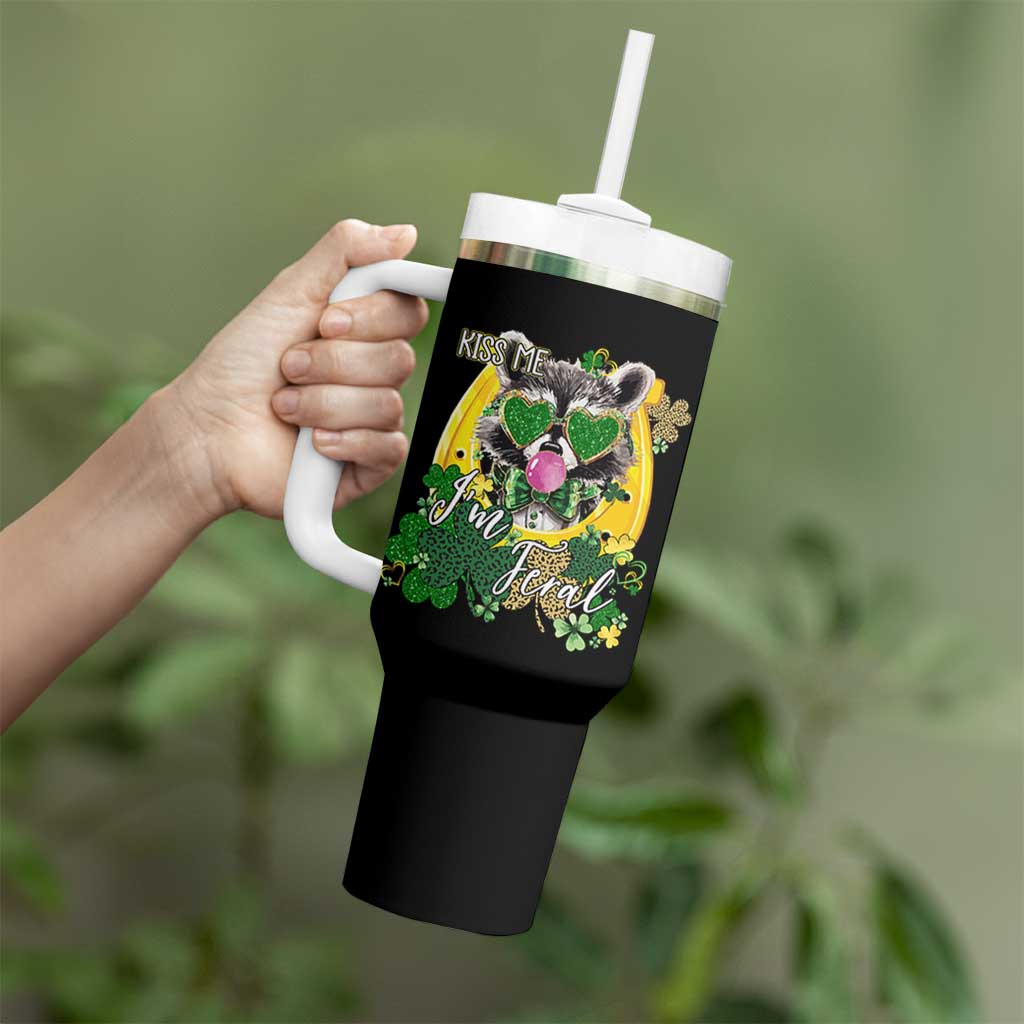 Funny St Patrick's Day Racoon Tumbler With Handle Kiss Me I'm Feral Horseshoe Shamrock
