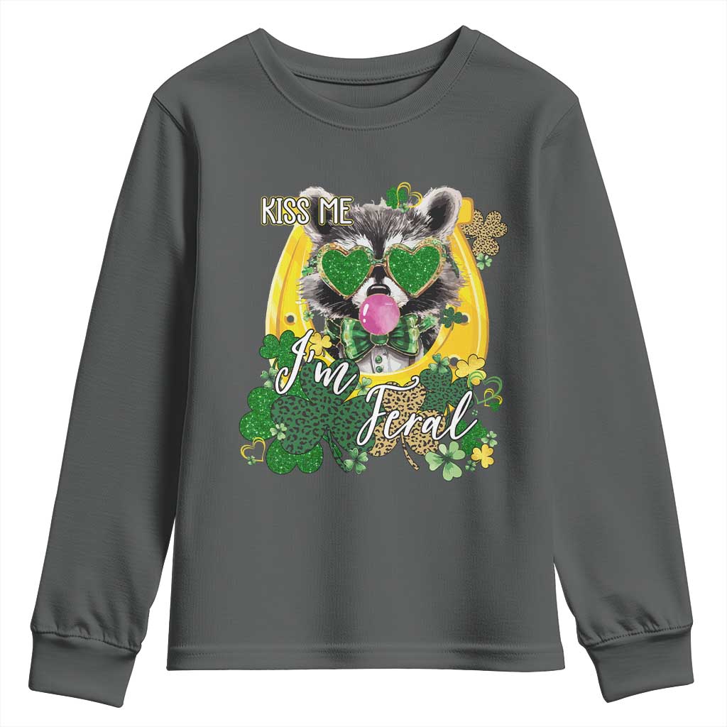 Funny St Patrick's Day Racoon Youth Sweatshirt Kiss Me I'm Feral Horseshoe Shamrock
