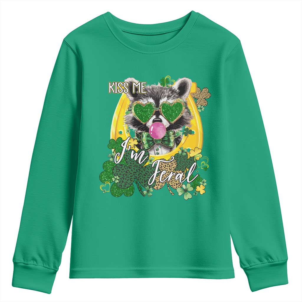 Funny St Patrick's Day Racoon Youth Sweatshirt Kiss Me I'm Feral Horseshoe Shamrock