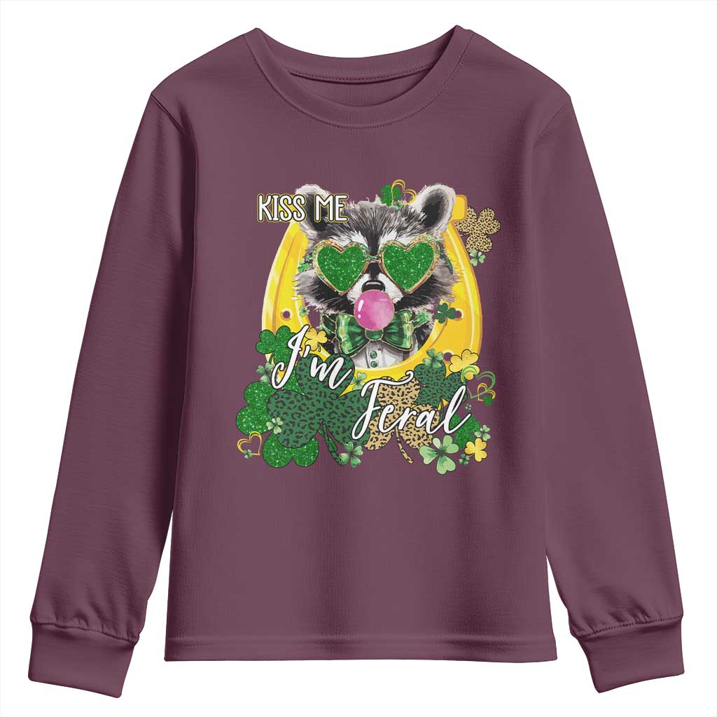 Funny St Patrick's Day Racoon Youth Sweatshirt Kiss Me I'm Feral Horseshoe Shamrock