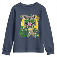 Funny St Patrick's Day Racoon Youth Sweatshirt Kiss Me I'm Feral Horseshoe Shamrock