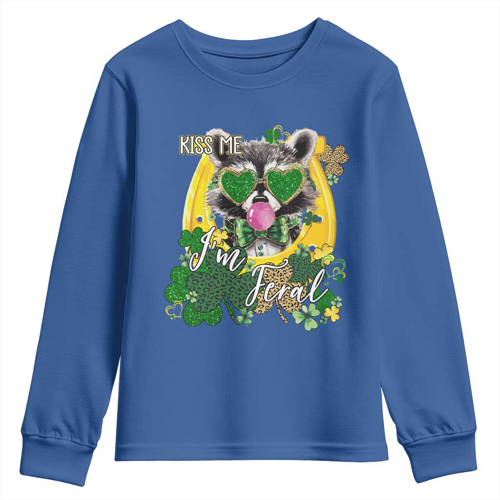 Funny St Patrick's Day Racoon Youth Sweatshirt Kiss Me I'm Feral Horseshoe Shamrock