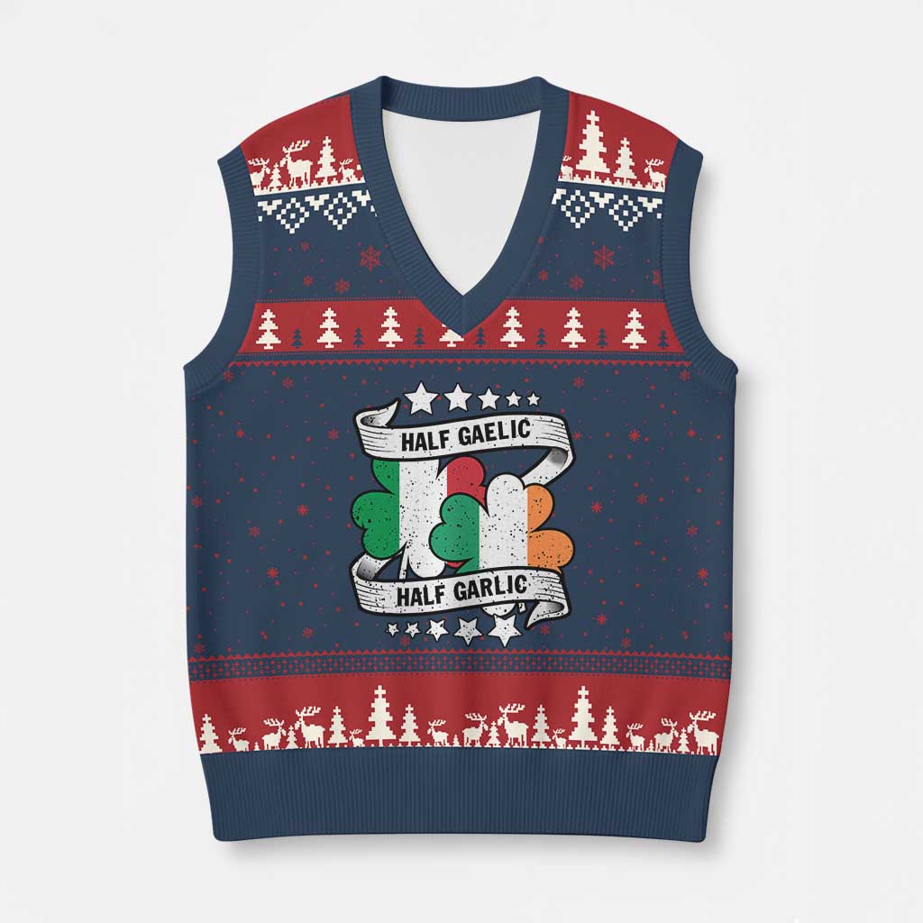 Funny Half Gaelic Half Garlic V-Neck Knit Sweater Vest Irish Italian St. Patrick's Day - Wonder Print Shop