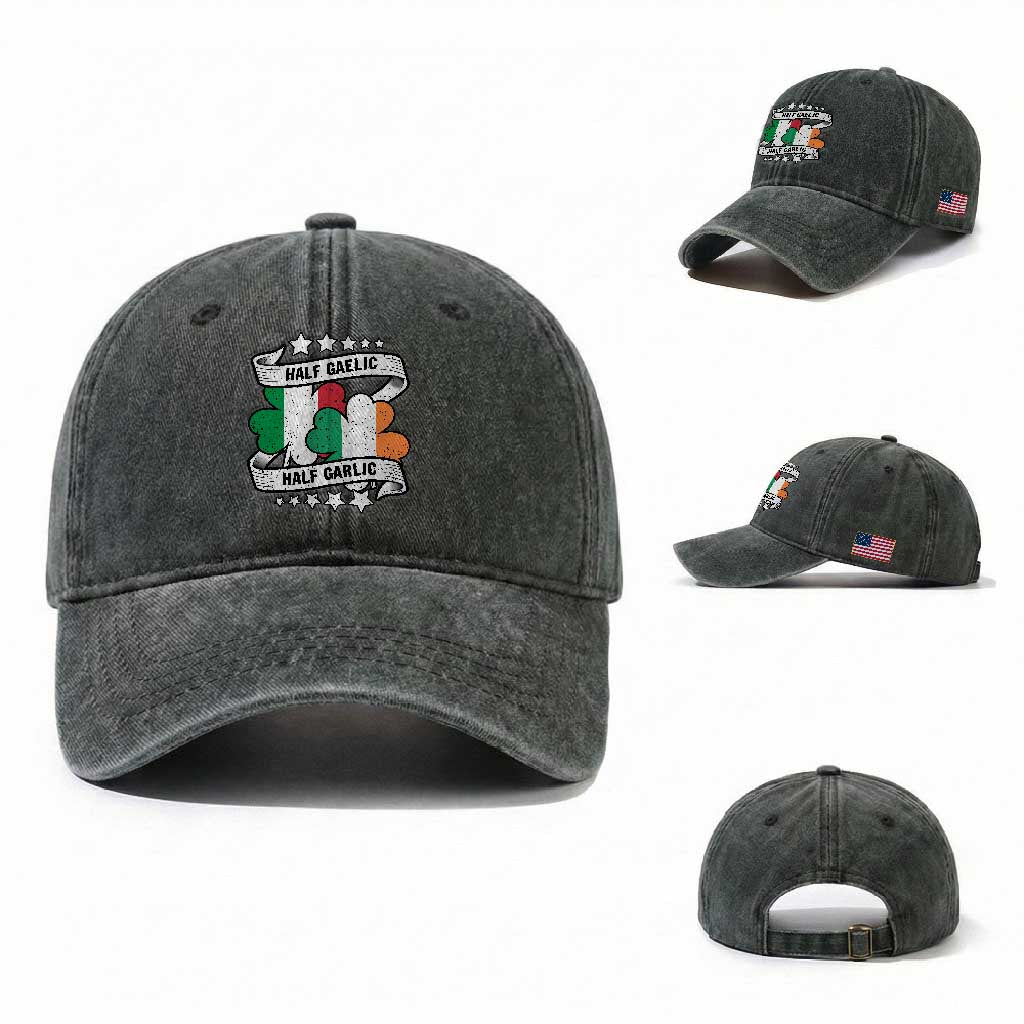 Funny Half Gaelic Half Garlic Washed Cotton Baseball Cap Irish Italian St. Patrick's Day