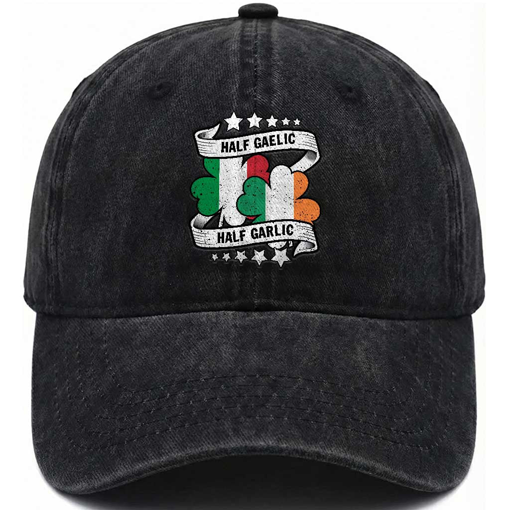 Funny Half Gaelic Half Garlic Washed Cotton Baseball Cap Irish Italian St. Patrick's Day