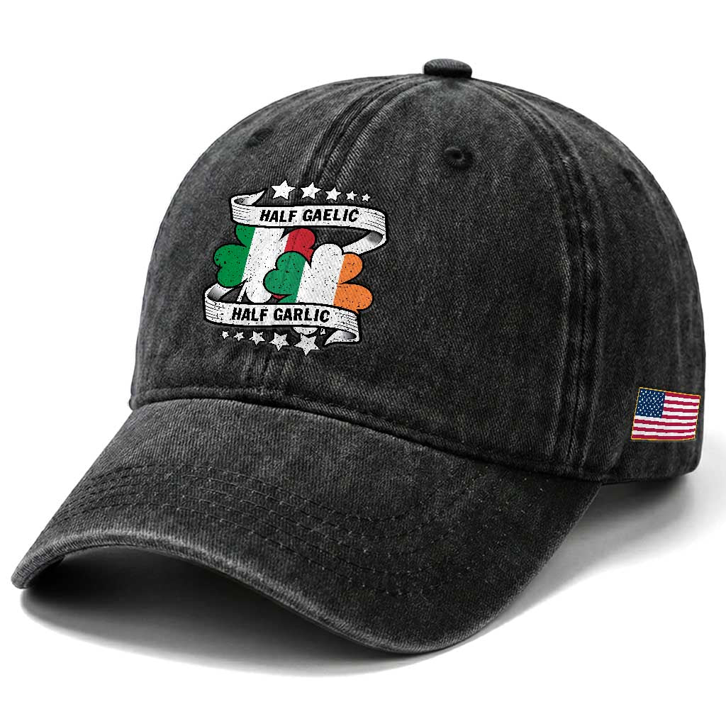 Funny Half Gaelic Half Garlic Washed Cotton Baseball Cap Irish Italian St. Patrick's Day