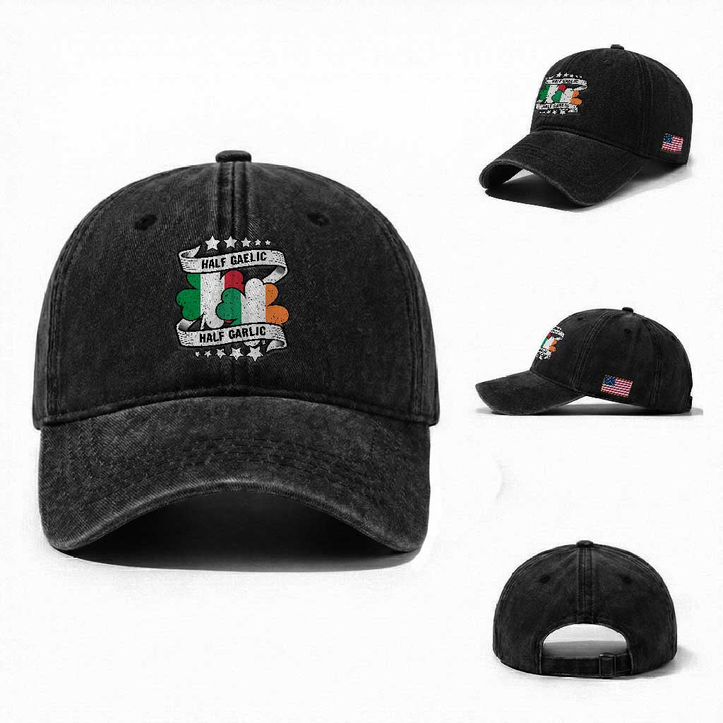 Funny Half Gaelic Half Garlic Washed Cotton Baseball Cap Irish Italian St. Patrick's Day