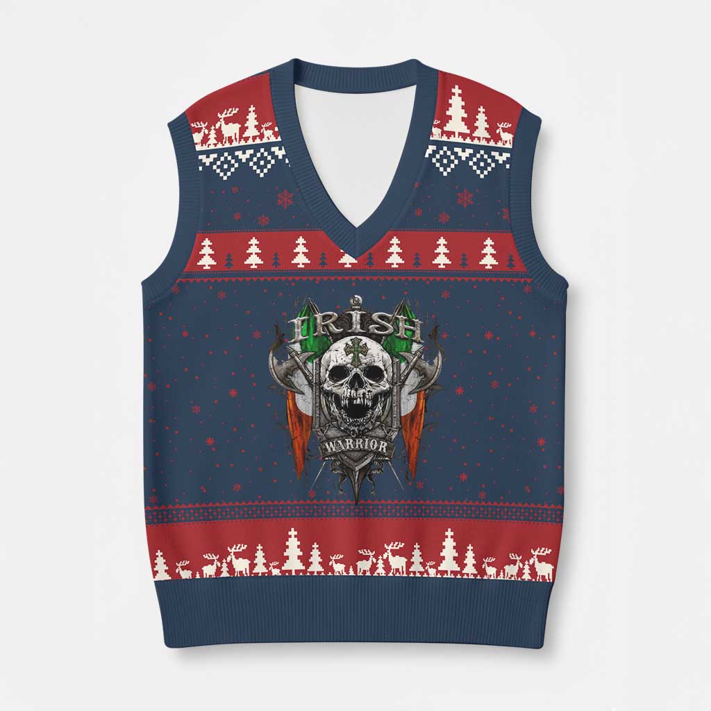 Funny Irish Warrior V-Neck Knit Sweater Vest Vintage Skull Celtic Cross Ireland Flag - Wonder Print Shop