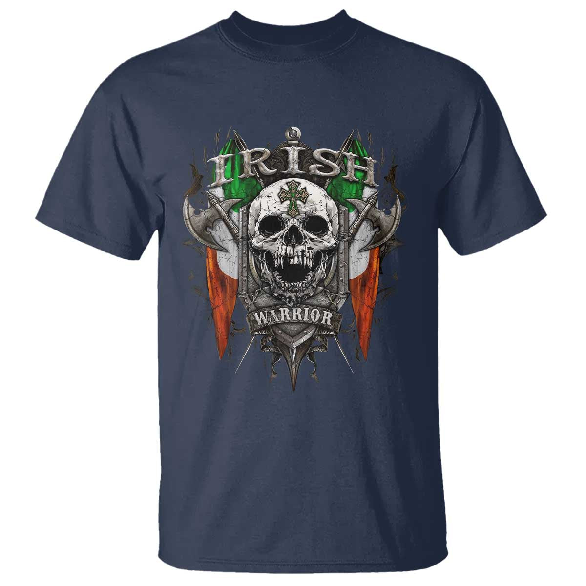 Funny Irish Warrior T Shirt Vintage Skull Celtic Cross Ireland Flag