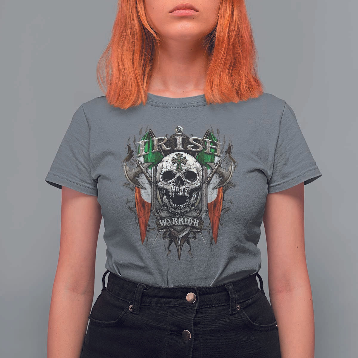 Funny Irish Warrior T Shirt For Women Vintage Skull Celtic Cross Ireland Flag