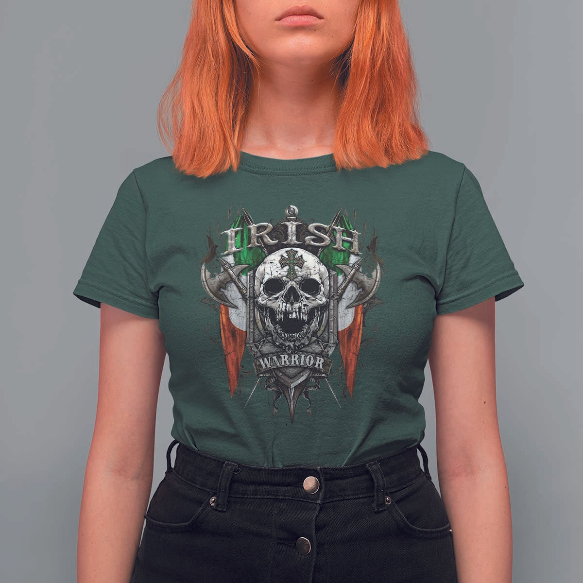 Funny Irish Warrior T Shirt For Women Vintage Skull Celtic Cross Ireland Flag
