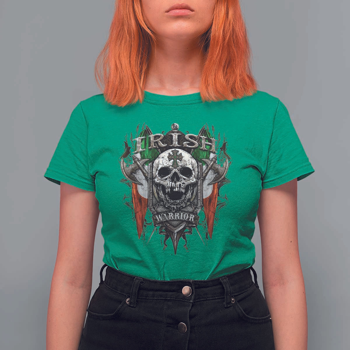 Funny Irish Warrior T Shirt For Women Vintage Skull Celtic Cross Ireland Flag